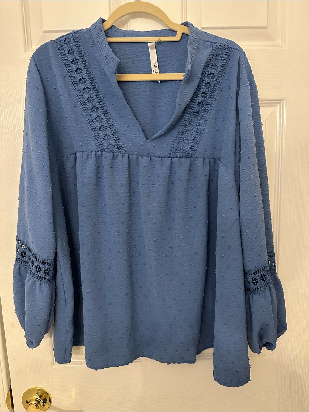 NY Collection Blue Textured V-Neck Peasant Blouse
